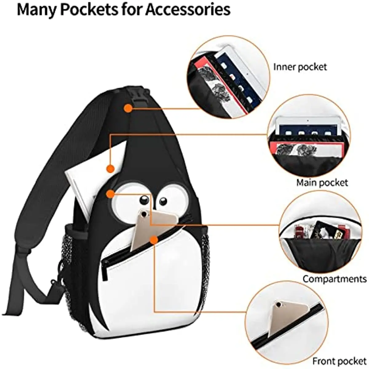 Funny Penguin Face Sling Backpack Chest Bag Crossbody Shoulder Bag Gym Cycling Travel Hiking Daypack For Men Women