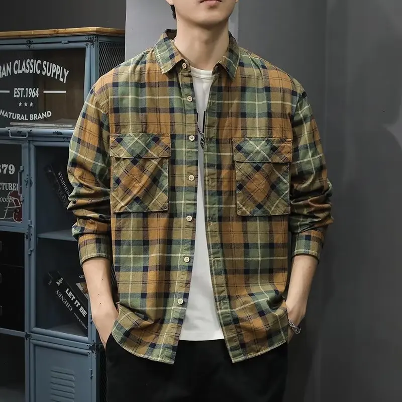 

Trendy Plaid Long Sleeve Shirt Jacket American Style Casual Men's Fashion Workwear Classic Button-Up Polyester Polyester Fiber