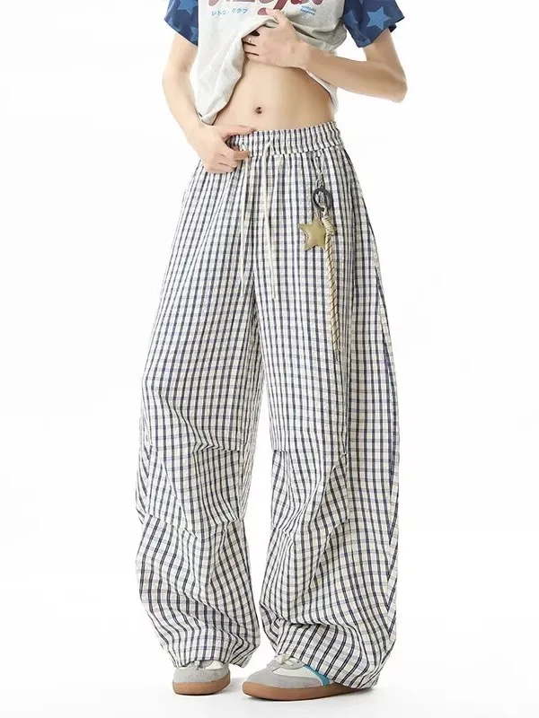 

Уличные повседневные клетчатые брюки, свободные широкие драпированные летние американские ретро-звездные украшения, мужские и женские брюки для отдыха