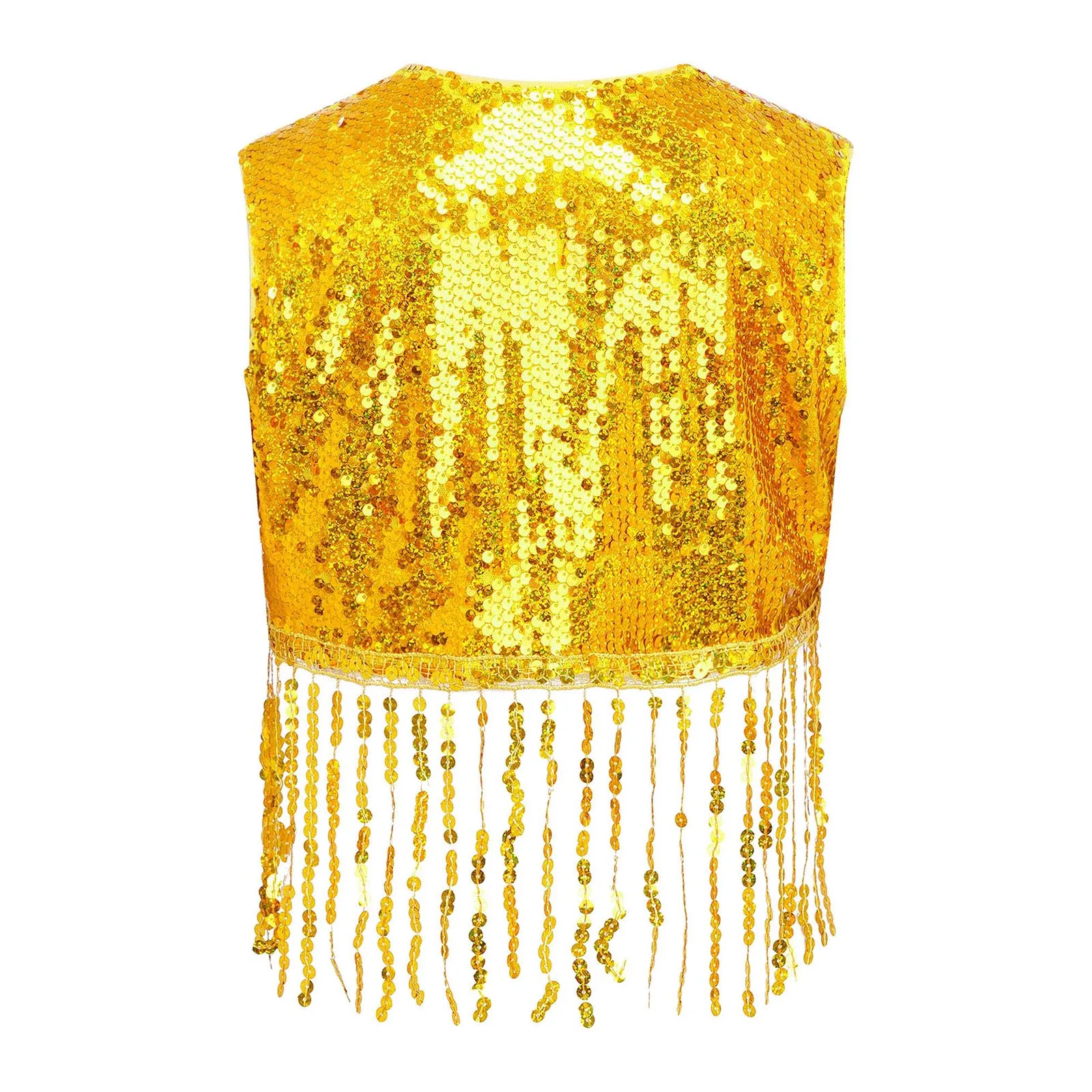 Kids Girls Sequin Tassels Vest Waistcoat Sleeveless Open Front Fringed Crop Top Carnivals Hip-hop Jazz Dance Cha-Cha Performance