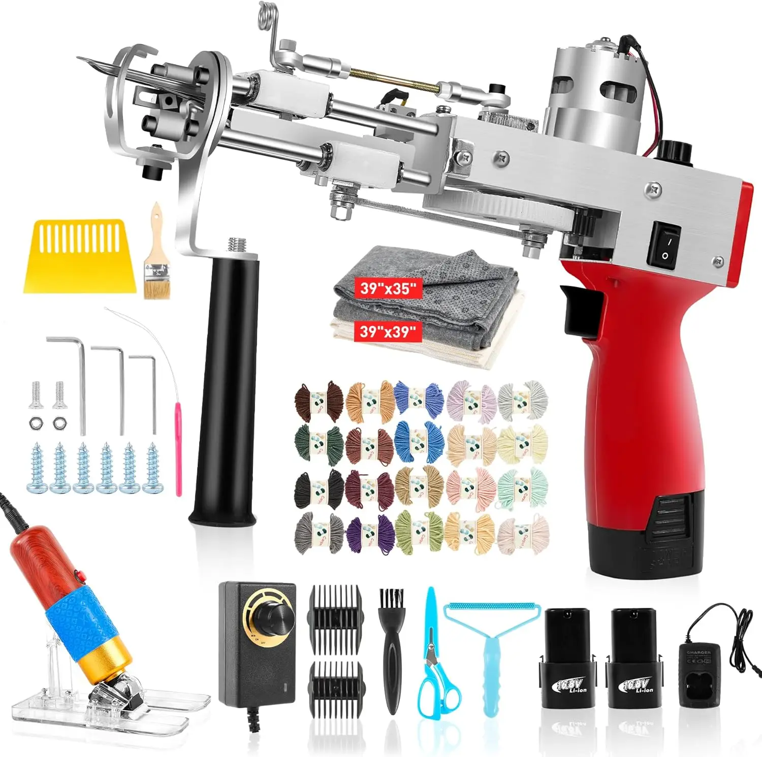

Cordless Tufting Gun Kit with Carpet Trimmer 2 in 1 Cut Pile and Loop Pile Rug Gun with 2pcs 10Ah Batteries Cloth Yarn