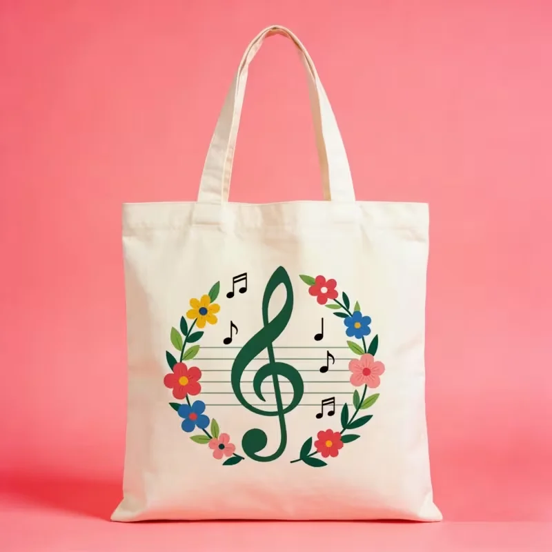 Floral Wreath Treble Clef Canvas Tote Bag Colorful Flower Music Note Print Reusable Shoulder Bag Shopping Handbag For Women