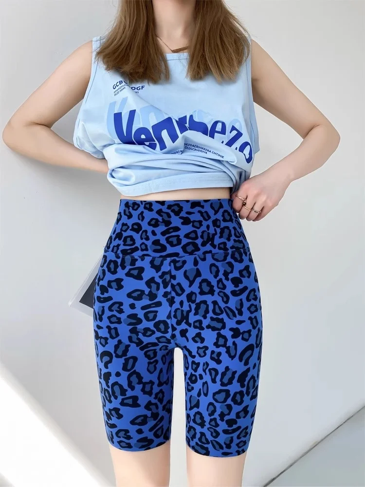 

High Waist Yoga Pants Women's Summer Thin Five-Quarter Length Spor Fitn Riding Pants Leopard Print Elastici Casual Tro...