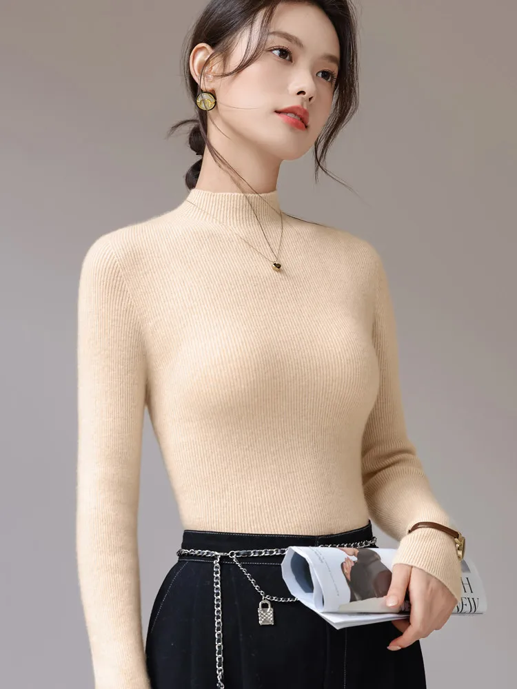 2025 الخريف الشتاء سترة الكشمير المعنقة المرأة عادية الصلبة محبوك القمم التخسيس الياقة المدورة البلوز الأساسية قاعدة كنزة صوف