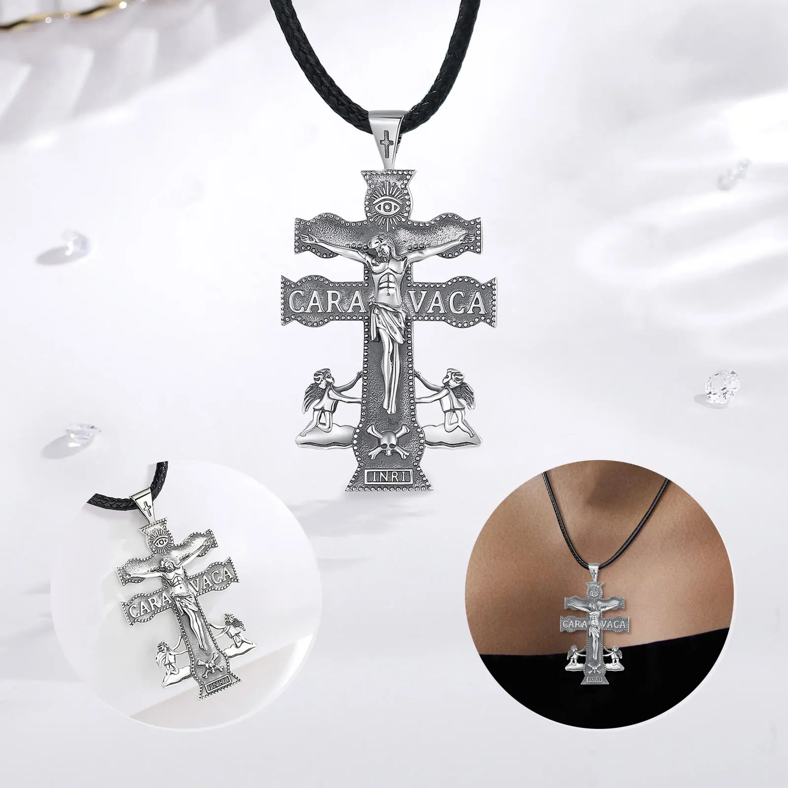 Eudora New 925 Sterling Silver Caravaca Cross Necklace Jesus Angel Religious Pendant Amulet Men Women Personality Jewelry