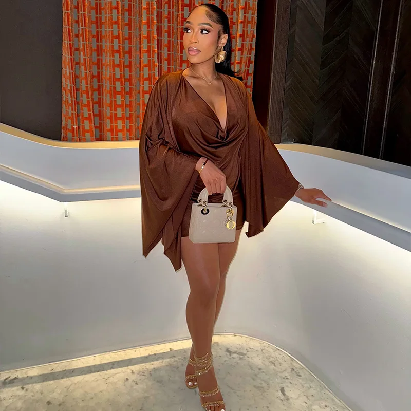 Trend Solid Color Women's Low-cut Erotogenic Ruched Loose-fitting Bodysuit With V-neck And Long Sleeves Bandage Boho Outfits