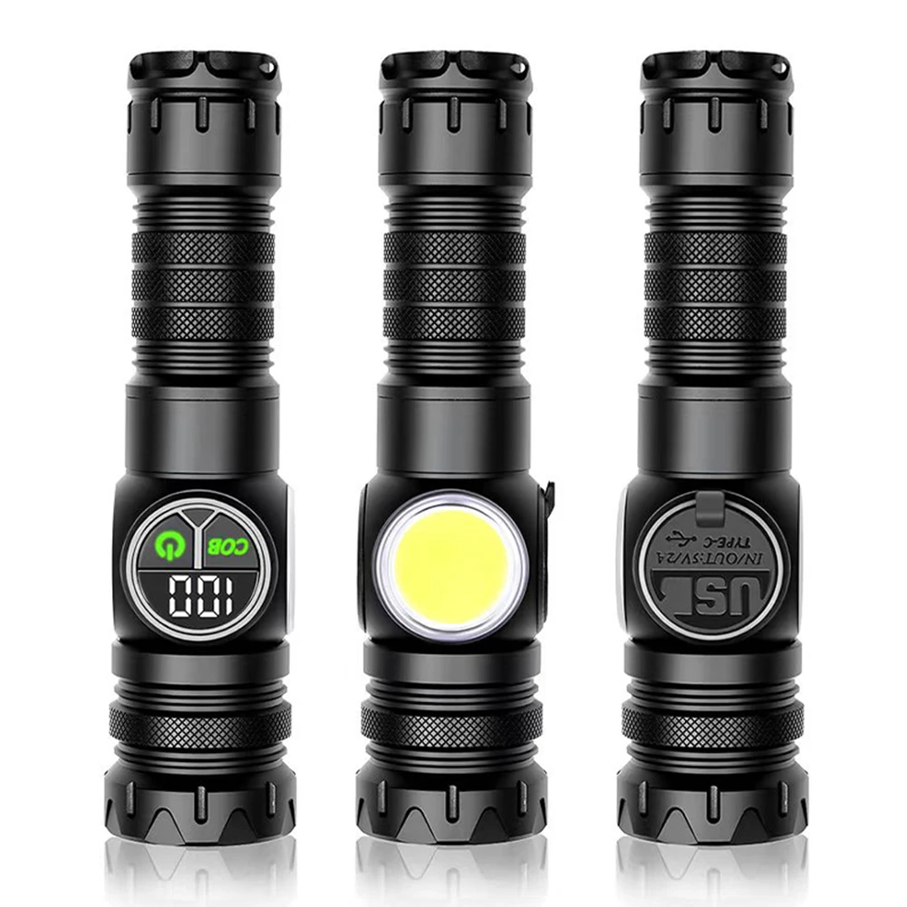 20W LED Camping Powerful Flashlight with COB Sidelight High Brightness Torch Digital Power Display Waterproof for Power Outages