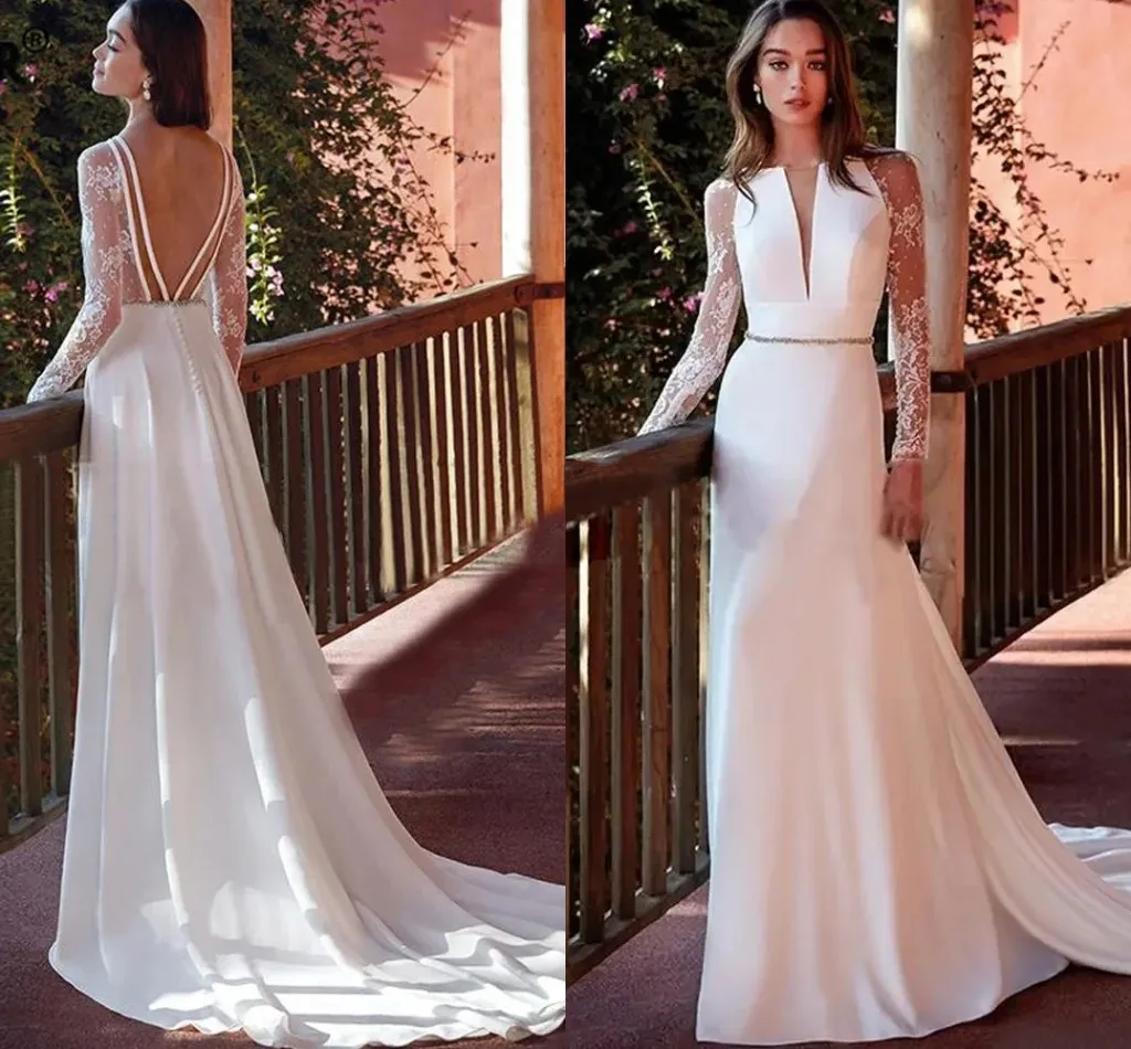 

Elegant V-Neck A-Line Wedding Dresses for Women 2025 Long Sleeves Lace Appliques Backless Bridal Bride Gowns Vestidos De Noiva