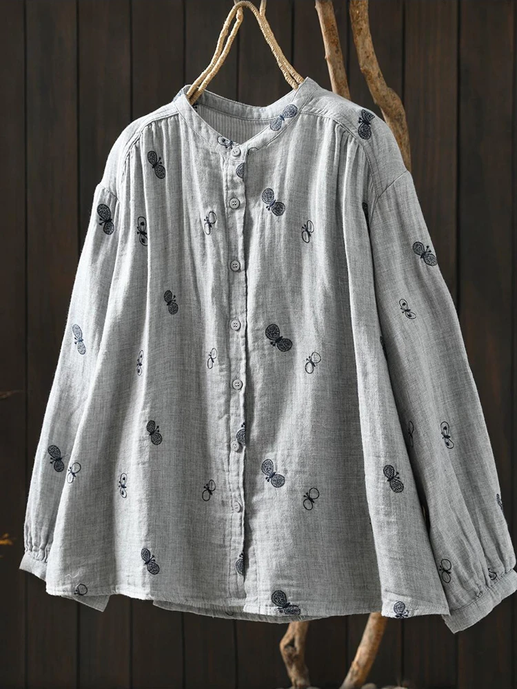 

Women Long Sleeve Cotton Shirt New 2026 Spring Vintage Style Stand Collar Embroidery Loose Female Casual Tops Shirts M2248