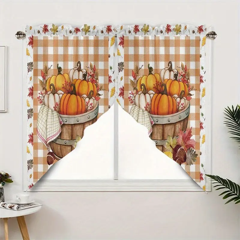 VIKAMA Fall Triangle Curtain Pumpkin Barrel Plaid Maple Swag Valance For Kitchen Window Living Room Bedroom Autumn Home Decor