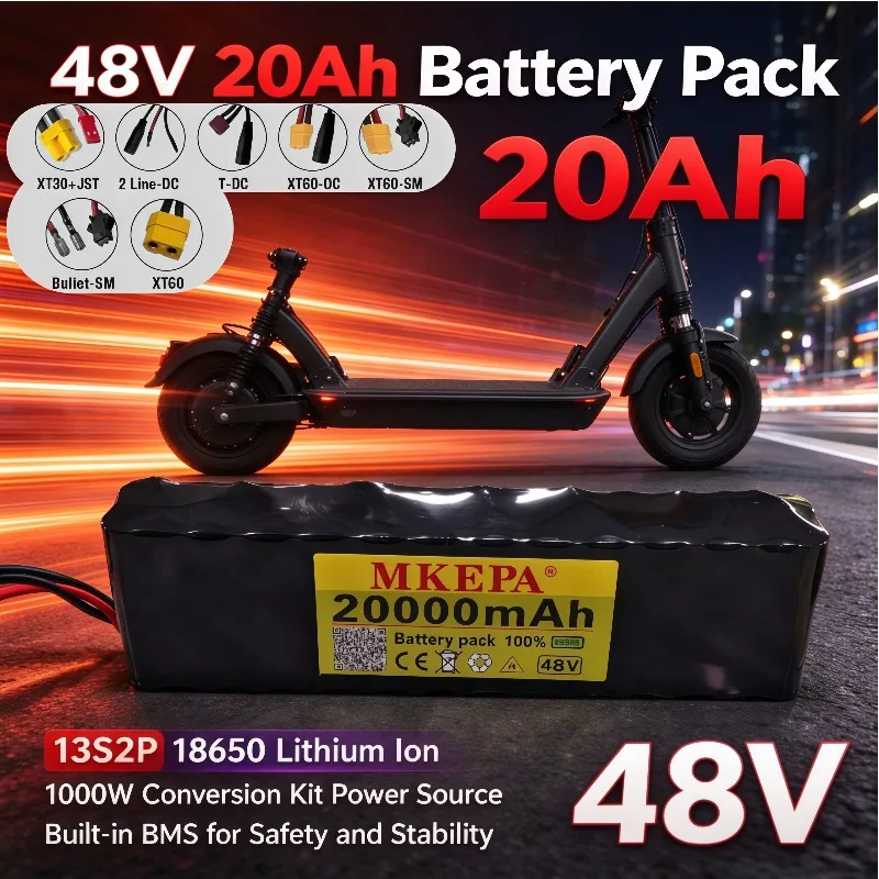 MKEPA 48V 13S2P 20Ah 18650 Lithium Battery Pack, Suitable for 750W Electric Scooter and Electric Motorcycle