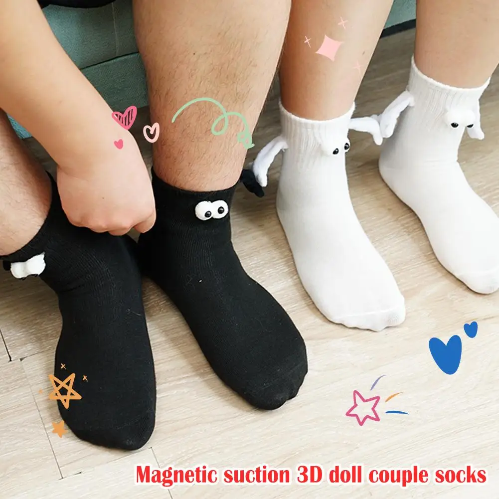 Halloween Magnetic Socks with Hands Women Men Fashion Black White Funny Cute Cartoon Eyes Couple Mid-tube Socks for Gifts D6M9