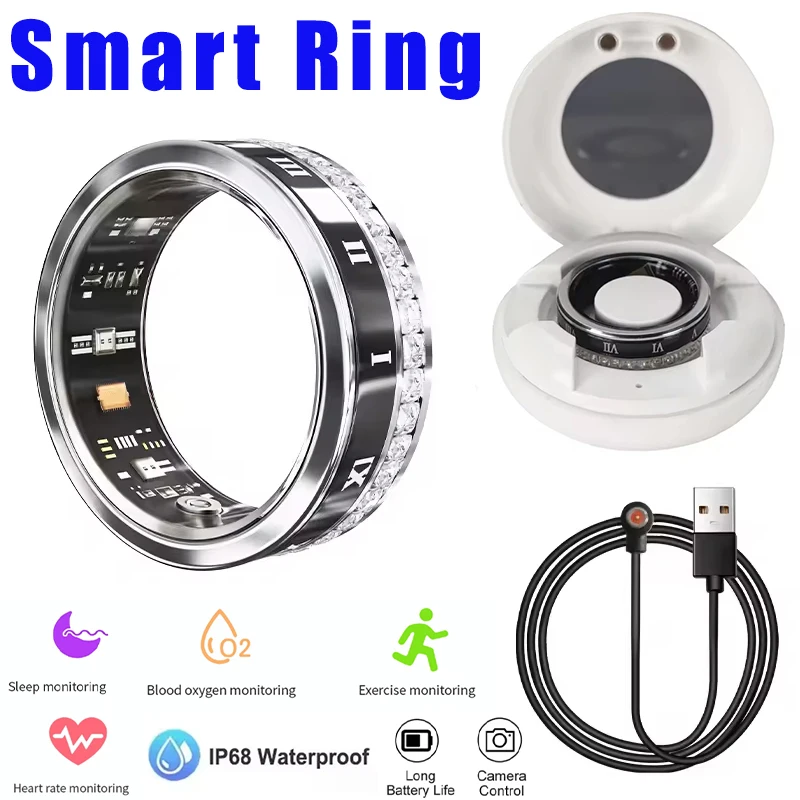 

Diamond Smart Rings IP68 5ATM Waterproof Titanium Alloy Heart Rate Blood Oxygen HRV Sleep Health Monitor GSP Sport Fitness Track