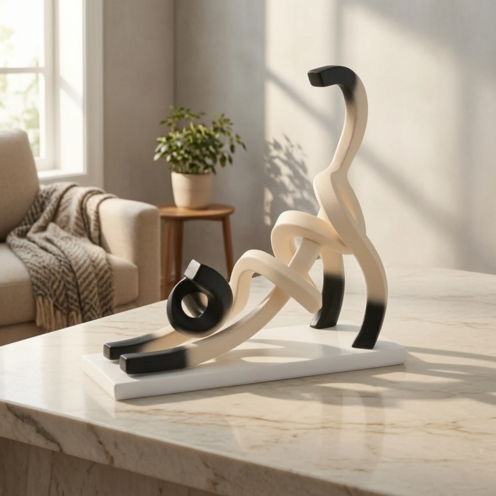 Abstract Cat Sculpture Geometric Cat Statue with Base Tabletop Decor Contemporary Ornament Smooth for Living Room, Entryway