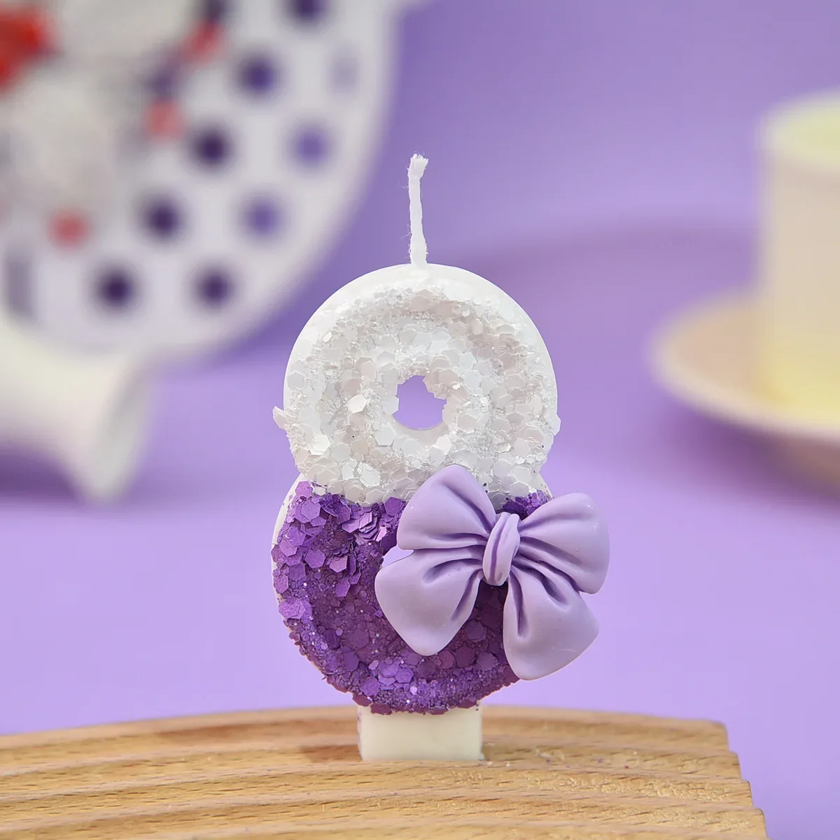 Purple and white dual color sequin bow digital candle, cute 0-9 digital candle, girls' birthday cake decoration supplies