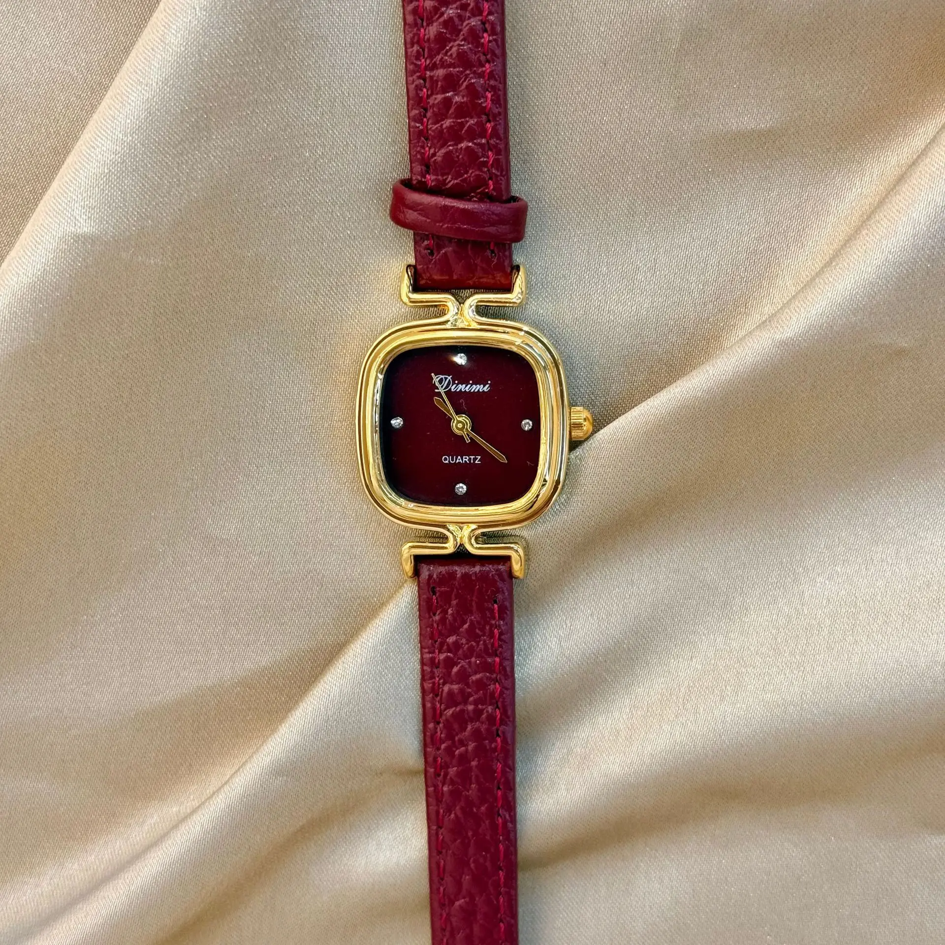 New Ancola Red Leather Strap Women'S Watch Small Square Dial, Stylish And Versatile Design, Fashion Quartz Wristwatch For Women.