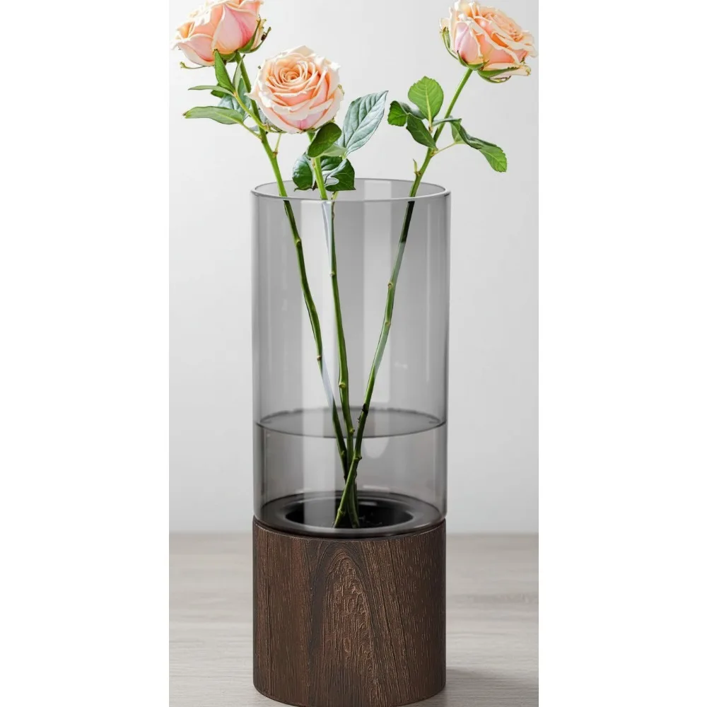 

7-дюймовая высокая стеклянная ваза для цветов в деревенском стиле с деревянным основанием, декор фермерского дома в стиле бохо для гостиной, спальни, кухни