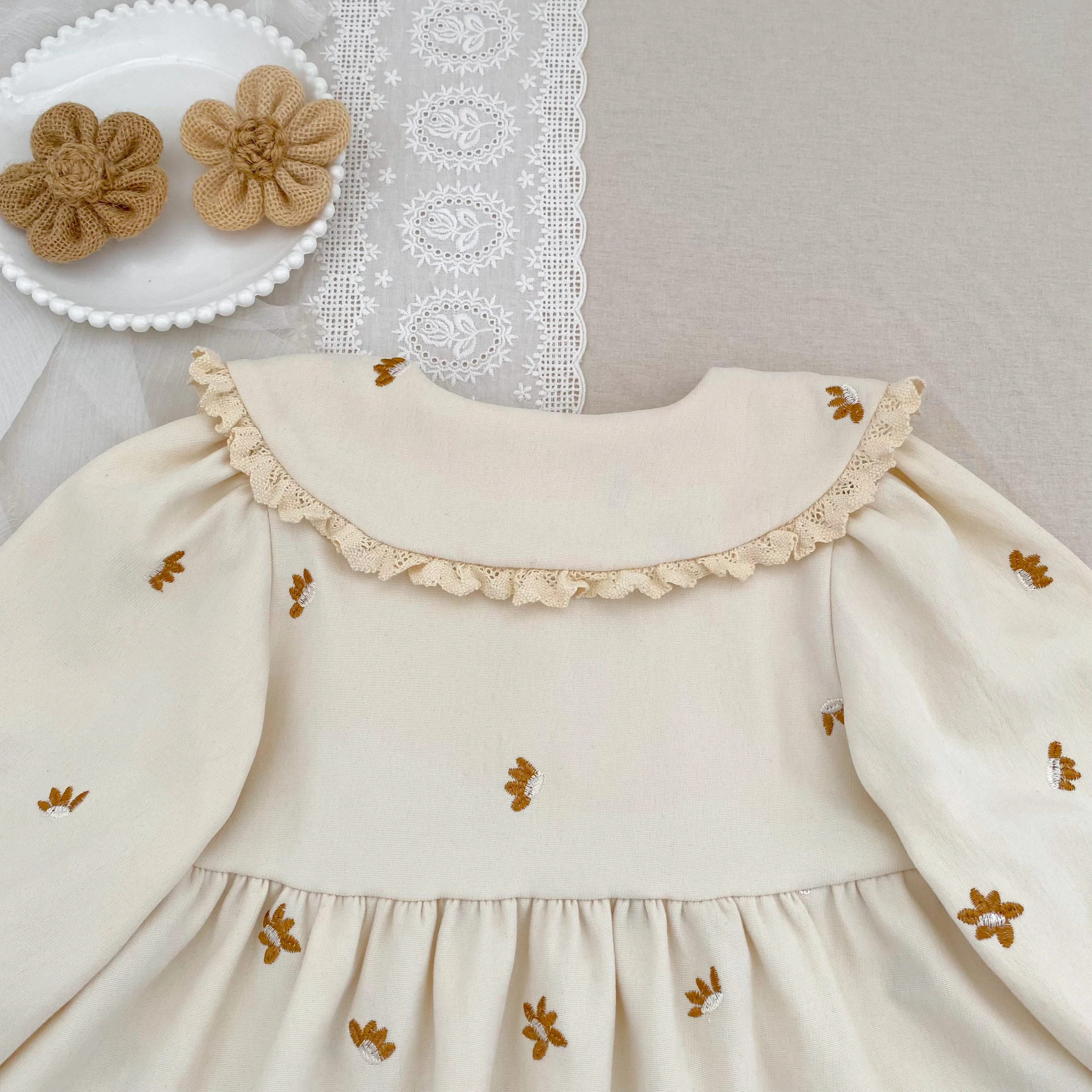 2026 Baby-Mädchen-Kleid mit langen Ärmeln, koreanischer Stil, Kragen, Spitze, Blumenstickerei, Baumwolle, Kleinkind-Prinzessinnenkleid, Herbst-Kinderkleidung – Detail 8