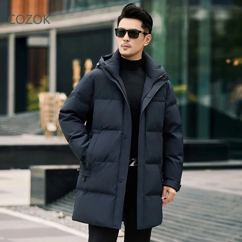 COZOK Milk Silk Men's Winter Long Down Jacket Removable Hat 2025 Designer Clothes Men Duck Padding Padded Male Coat