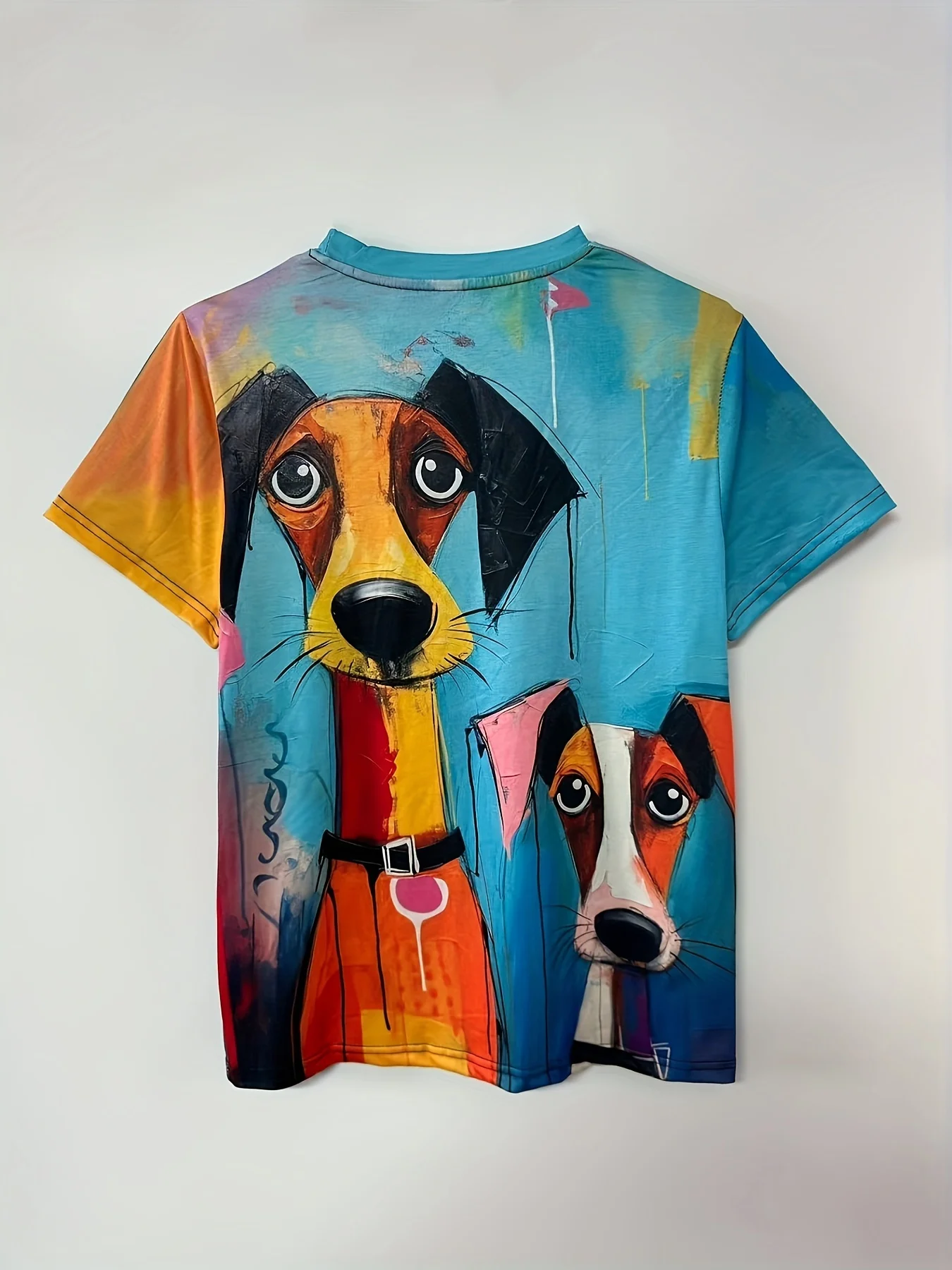 Women Crew Neck Short Sleeve T‑Shirt, Pop Art Two Cute Dogs Graffiti Painting Colorful Splash Graphic Casual Summer Tee