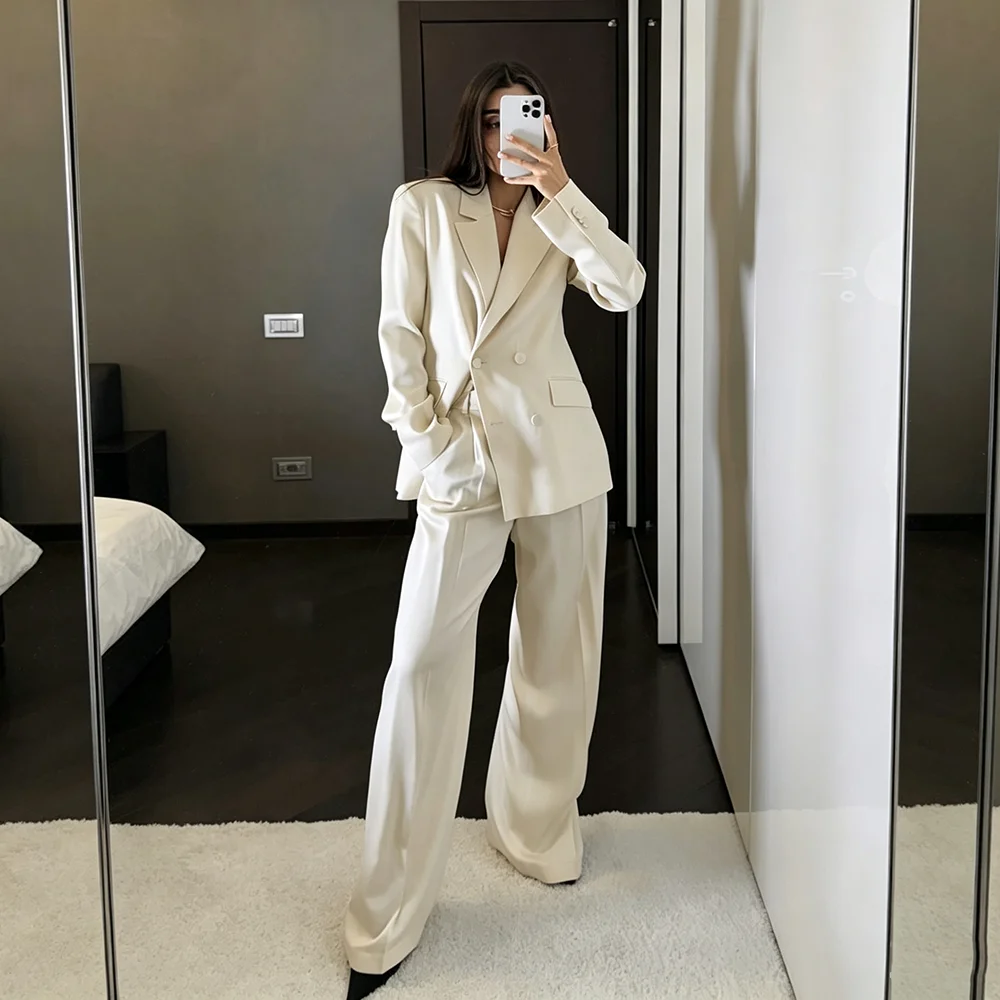 White Pants Suit Woman Luxury Customized 2 Piece Set Peak Lapel Double Breasted Jacket Wide-leg Pants Full Sets Ropa Mujer