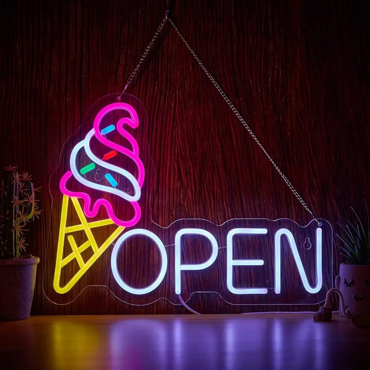 Custom OPEN Neon Sign with Ice Cream LED Wall Light Colorful Business Neon Lamp for Ice Cream Shop Dessert Store Cafe Bar Decor
