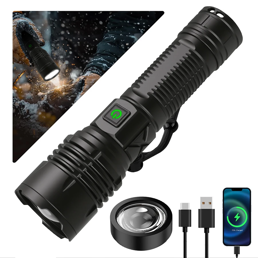 

5000LM ультра яркий светодиодный фонарик-перезаряжаемый тактический фонарь, масштабируемая водонепроницаемая вспышка дальнего действия для кемпинга и пешего туризма