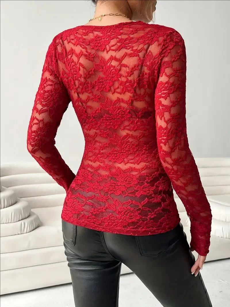 Damen Spitzen-Jumpsuit mit V-Ausschnitt, Langen Ärmeln, Transparentem Netzstoff und Blumenmuster, Figurbetonter Durchsichtiger Einteiler für Party, Clubwear und Alltag – Detail 6
