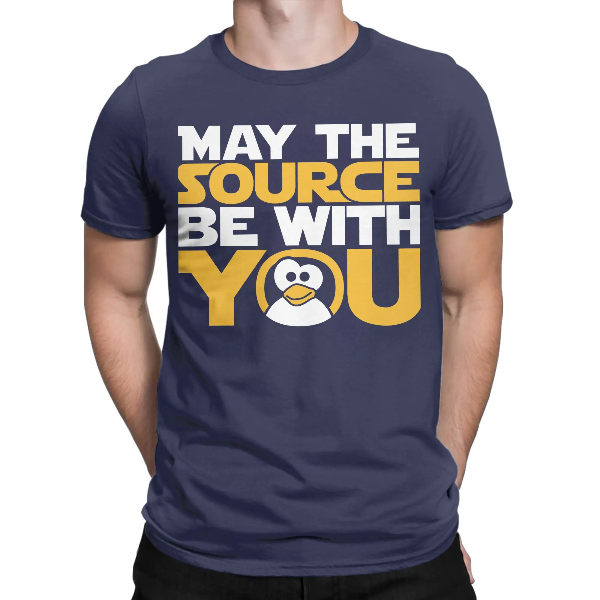 Printed May The Source Be With You Tshirts For Men Cotton Short Sleeve Arch Linux Tux Programmer Developer Geek Nerd Top Tee