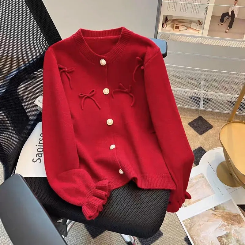 Autumn Winter Fashion Bow Solid Color Knitting Cardigan Sweater Coat Women Simplicity Office Lady All-match Trend Knitwear Tops