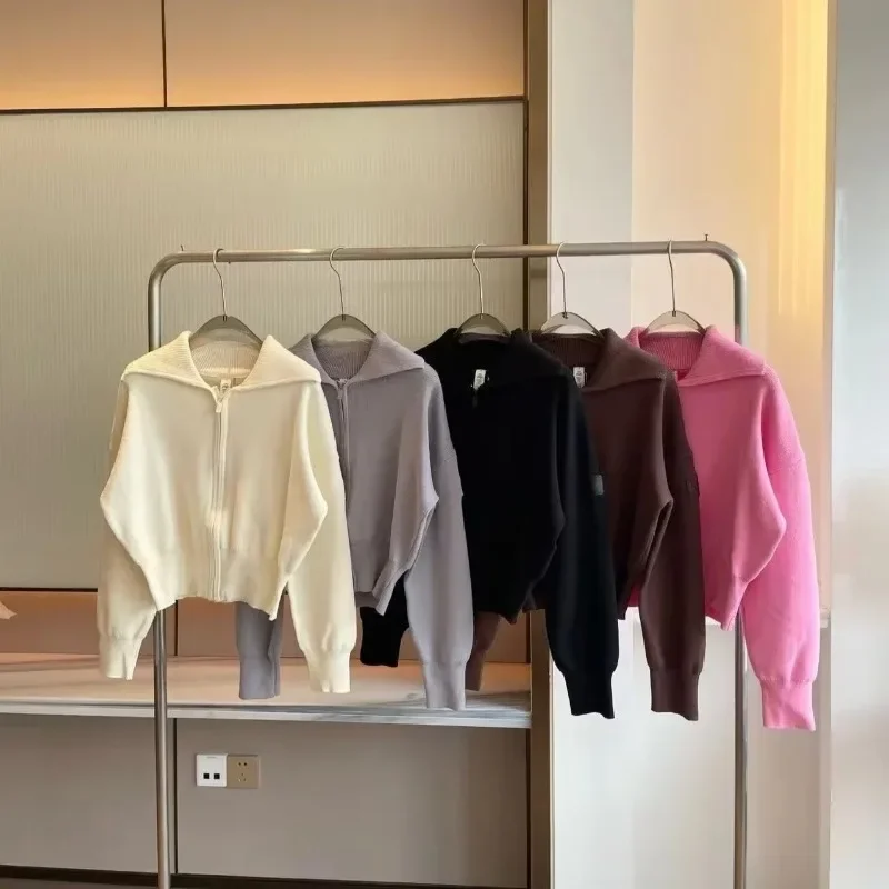 Women's Goddess Yoga Knit Casual Zipper Lapel Open Front Cardigan Cropped Hoodie Solid Color Long Sleeve Sweater