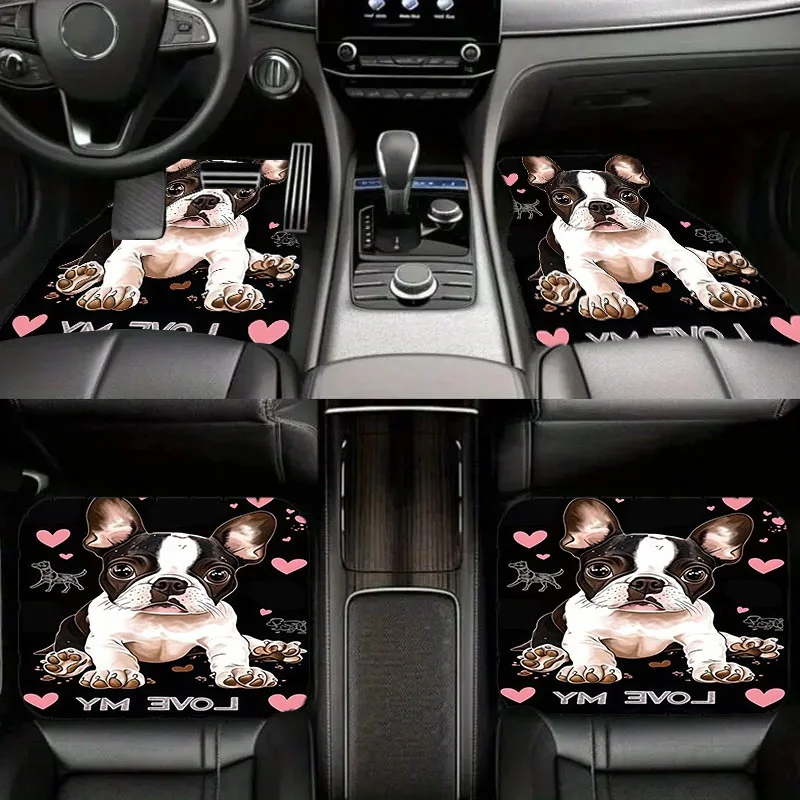 5pcs French Bulldog & Pink Hearts Car Floor Mats | Polyester Material, Universal Fit, Cute Pet-Themed Interior Decoration, Durab