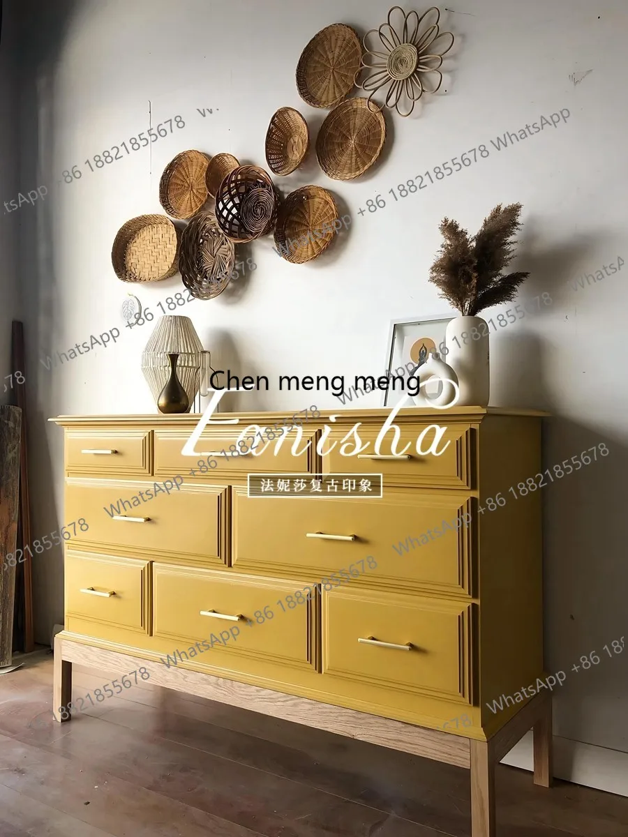 French Retro Solid Wood Living Room Wall-Mounted Decorative Cabinet American Style   Storage Cabinet with Drawers Side Cabinet