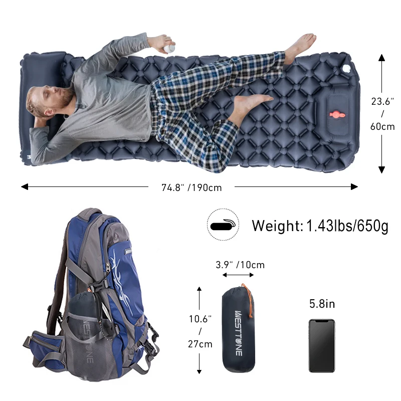 WESTTUNE Camping Inflatable Mattress Ultralight Outdoor Sleeping Pad with Pillow Built-in Pump Air Mat for Backpacking Hiking