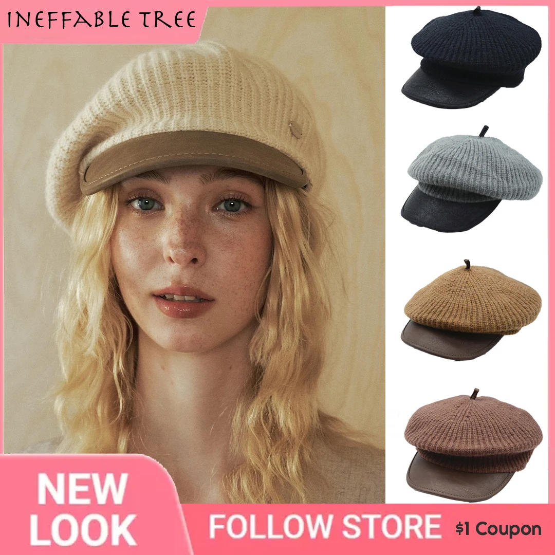 

Y2K Chic Vintage Winter Wool Blend Leather Patchwork Hats for Women Knitting Cloud Mushroom Cap Men Painter Visors Boina Hombre
