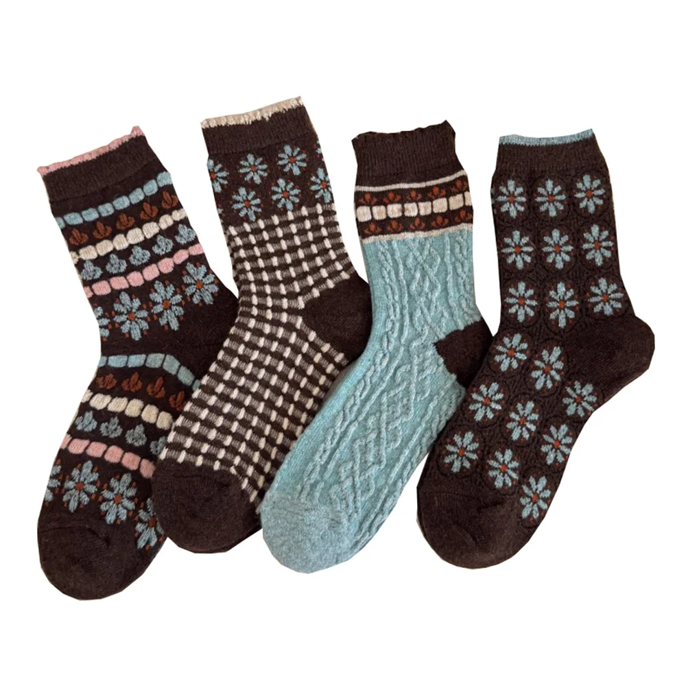 

4 пары мягких шерстяных носков, женские длинные зимние носки в стиле кантри, сохраняющие тепло, средняя трубка, повседневные повседневные носки-тапочки с милым принтом, женские