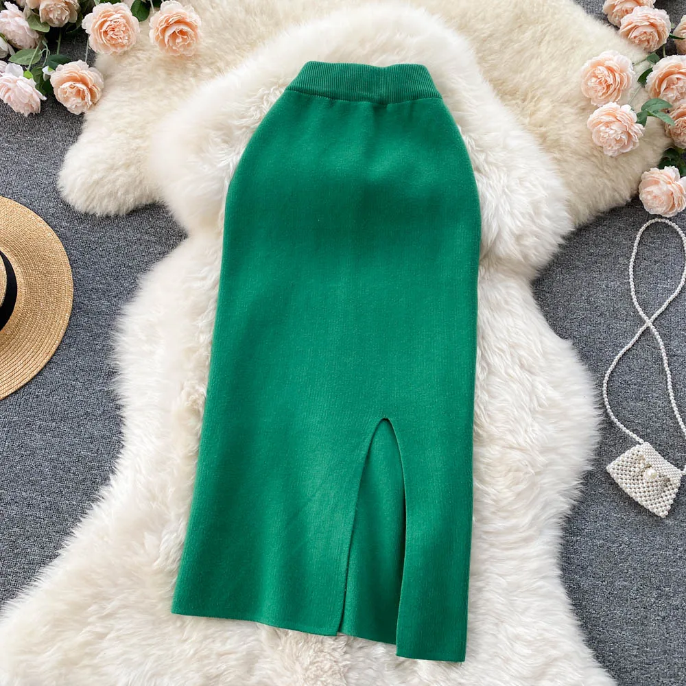 

Женская шикарная вязаная однотонная тонкая юбка с высокой талией, элегантная модная юбка с запахом, осенне-зимняя одежда