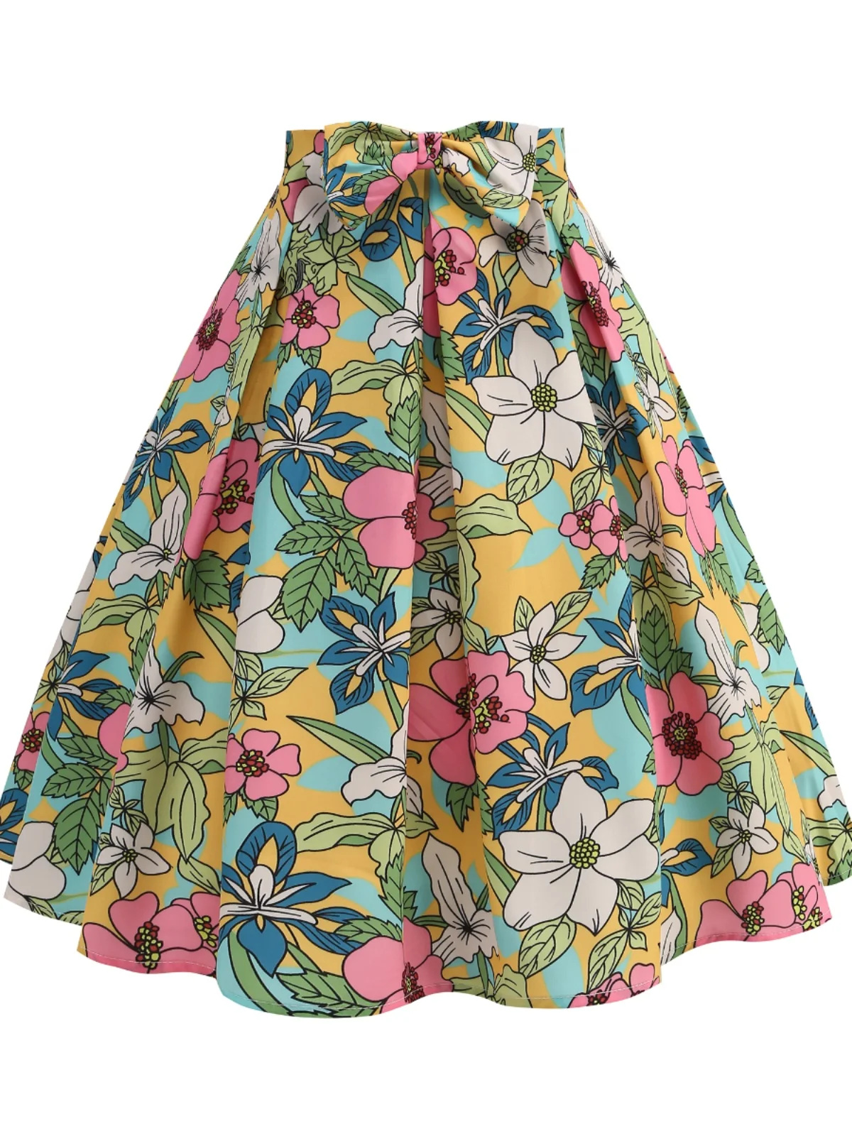 

Retro Hepburn Summer New A-Line Floral Print Knot Flared Skirt Women's Ele High Waist Midi Skirt Polyester Fiber