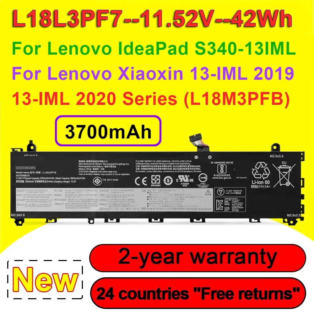 

L18L3PF7 Аккумулятор для ноутбука Lenovo IdeaPad S340-13-IML Xiaoxin 13-IML 2019 2020 Series L18C3PF8 L18M3PFB 11,52 В 42 Втч 3700 мАч