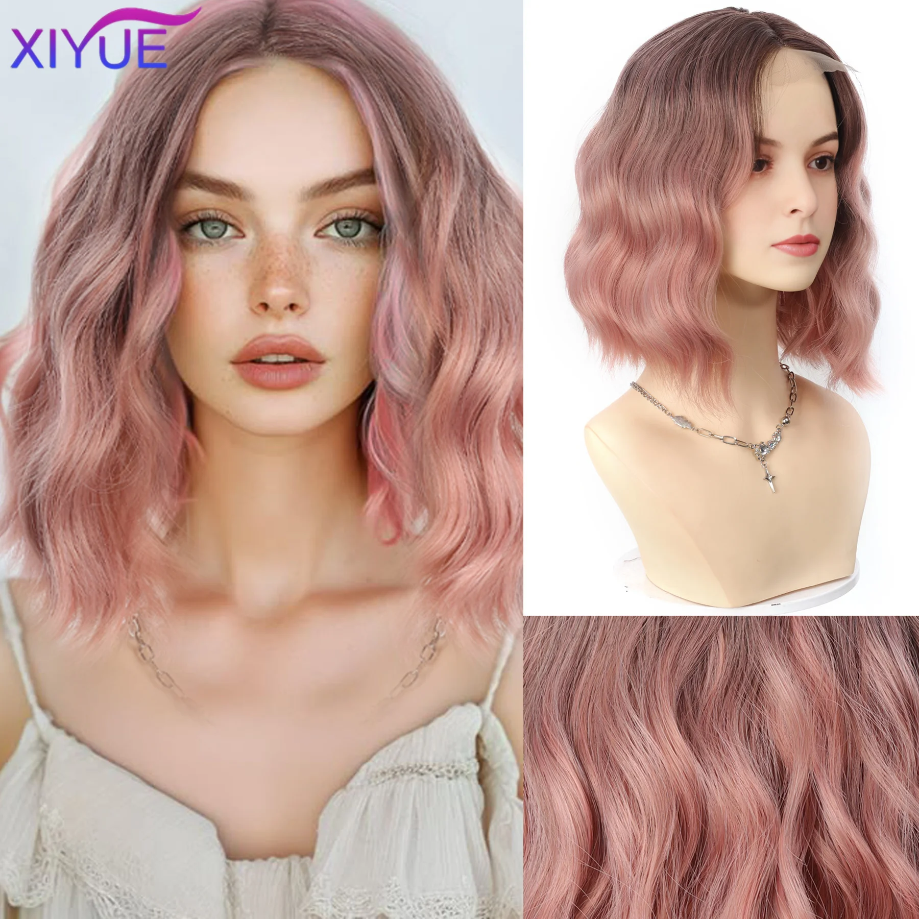 

green Pink lace BOBO Synthetic Wigs Short Natural Wave Hair Wig For Women Party Daily High Density Heat Resistant