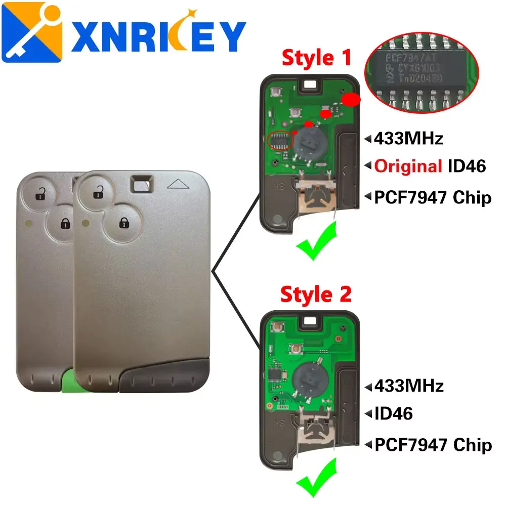 XNRKEY Aftermarket / OEM PCF7947 Chip 433MHZ Remote Control Key for Renault Laguna Espace Smart Card