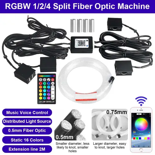 Imagen 1 del producto Luces de fibra óptica Bluetooth16w, Kits de iluminación de techo de estrellas, hebras de fibra mezcladas, fuente de luz RGBW, uso para coche, revestimiento para cabeza, decoración del hogar