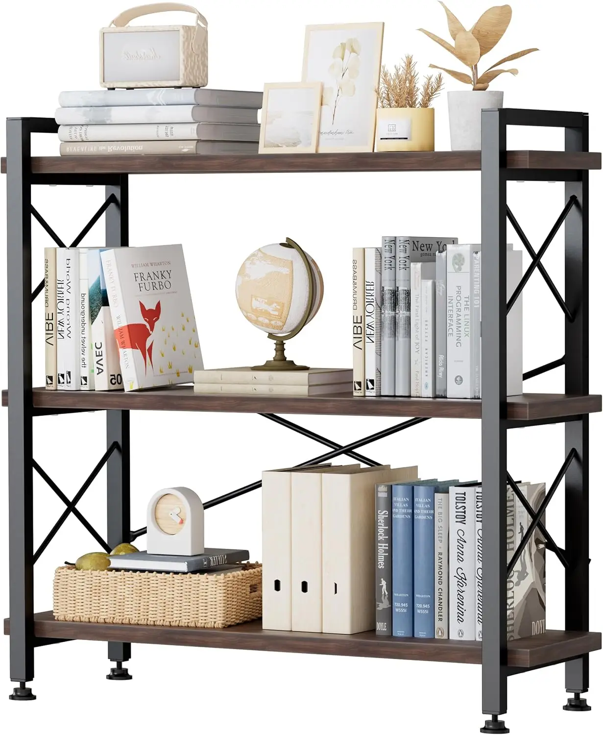 3 Tier Bookshelf Bookcase, 35.5'' Width Wood & Metal Open Book Shelf, Freestanding Industrial Display Shelf, Rustic Storage