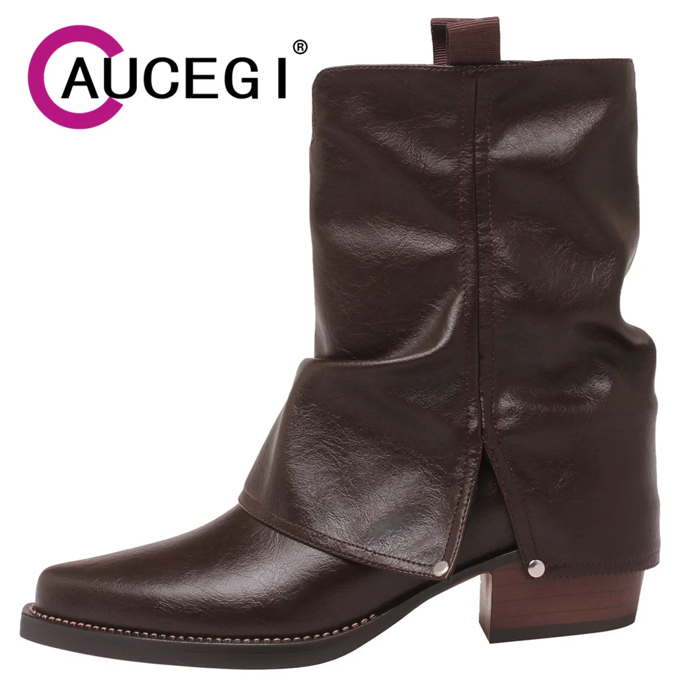 Aucegi 2025 Classic Woman Genuine Leather Pointed toe Western Ankle Boots Square High Heel Simple Party Comfortable Casual Shoes