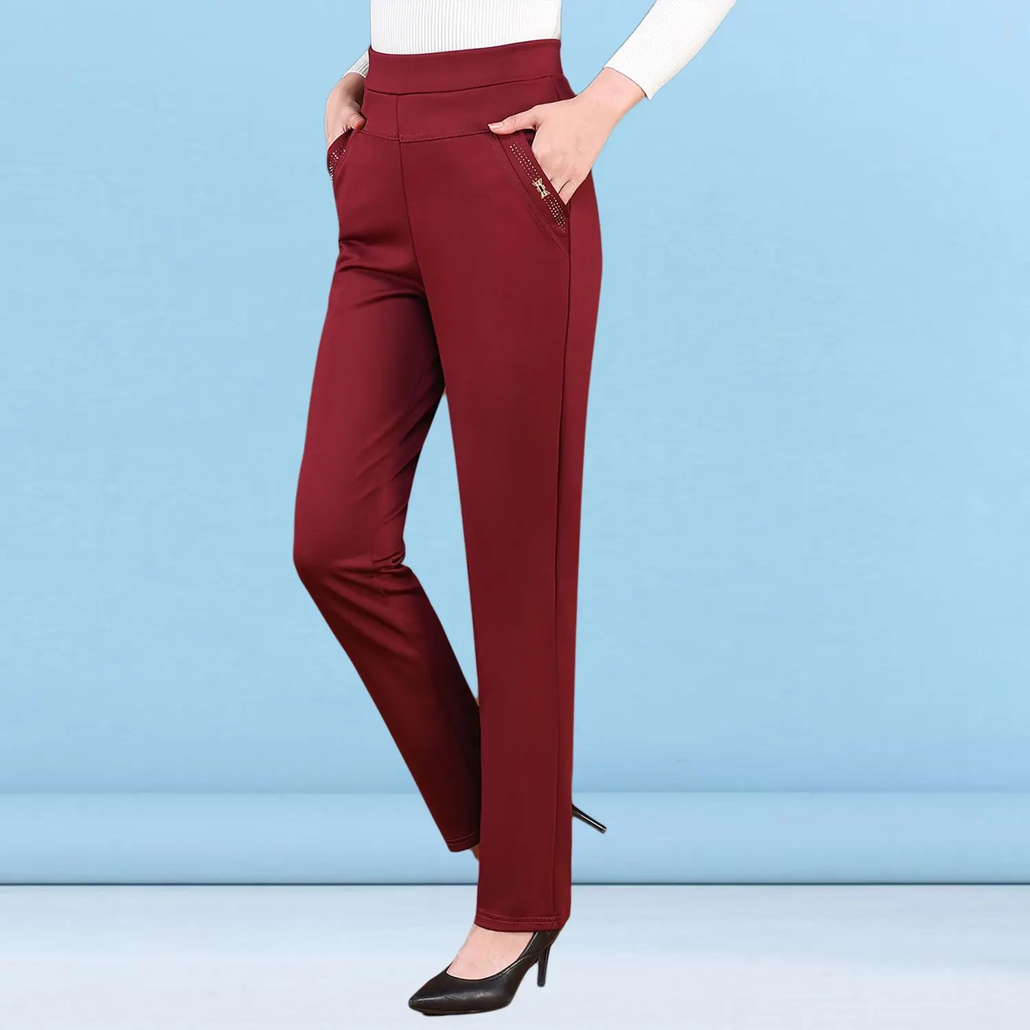 Pantalon élastique confortable et décontracté pour femmes, mode printemps-automne, couleur unie, ample, taille haute, thermique, abordable