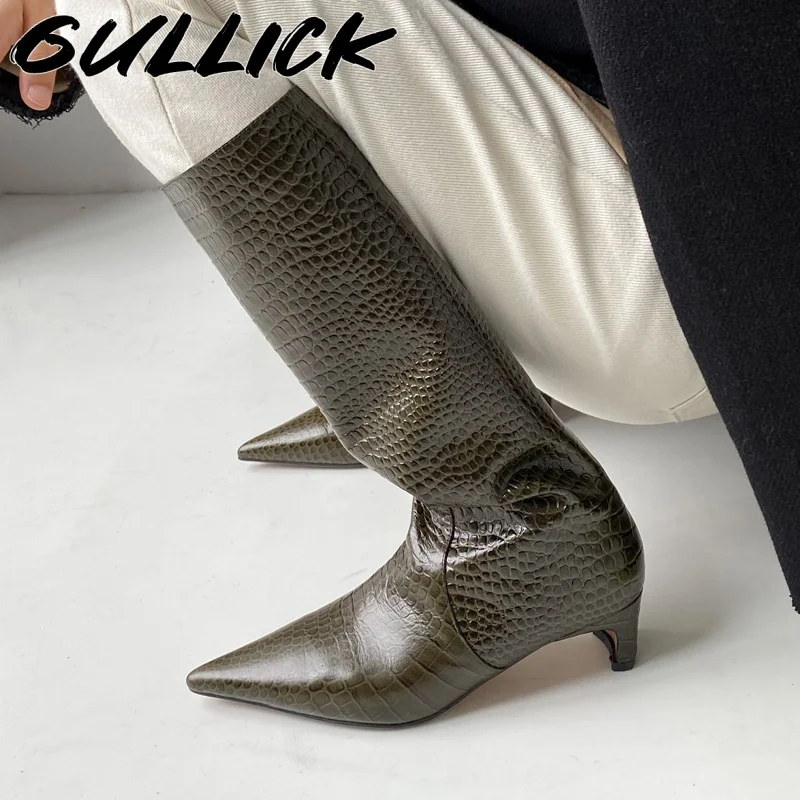

Зеленые ботинки с крокодиловым узором, женские роскошные дизайнерские туфли с острым носком, осенне-зимние ботинки, 2025 г., однотонные, Zapatos De Mujer