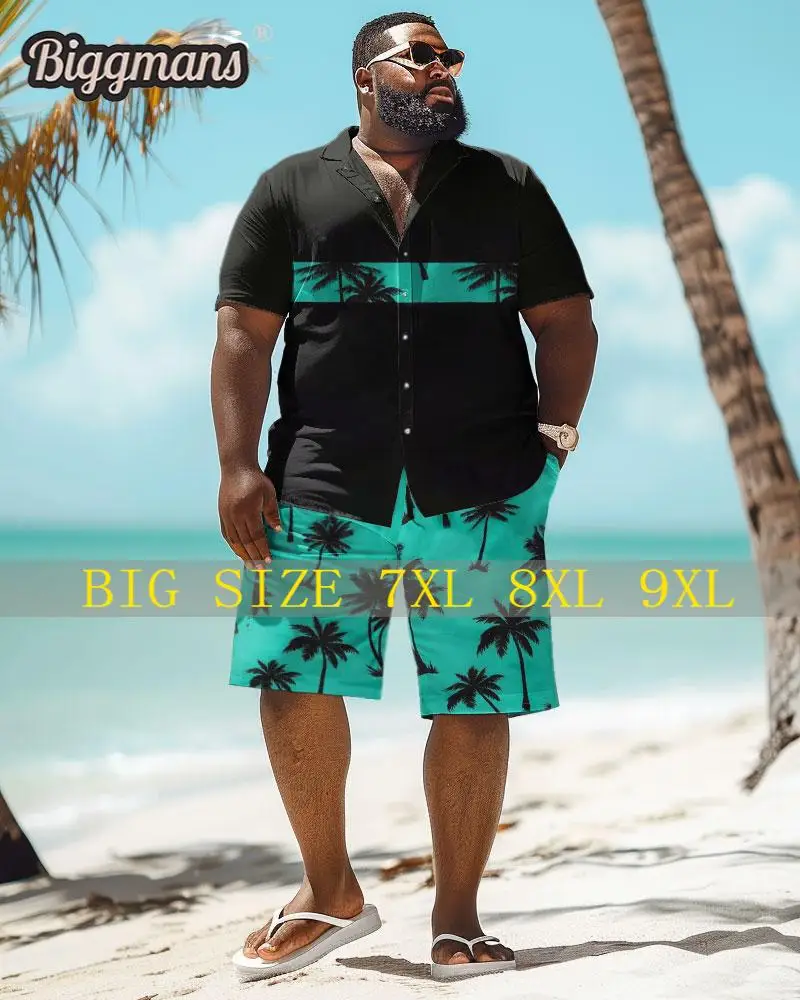 Biggmans Shirt Plus Size Set L-9Xl for Clothing Summer Barch Oversize Hawaii  Coconut Tree Print Shirt Shorts Suit 7XL 8XL