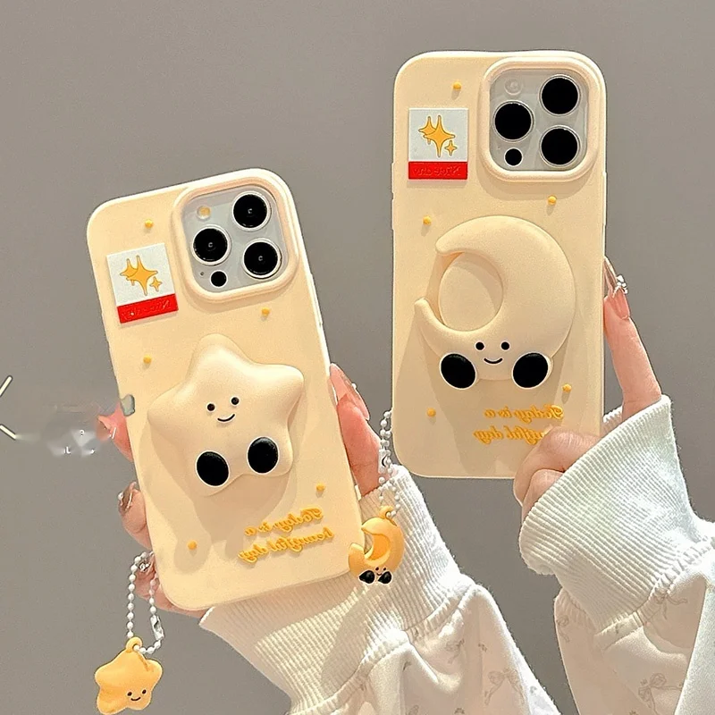 Kawaii Cartoon 3d Ster Maan 16promax Telefoon Casei Telefoon 15 Nieuwe 14pro 13 vrouwelijke 15pro Niche 12 All Inclusive Silicone Soft Case