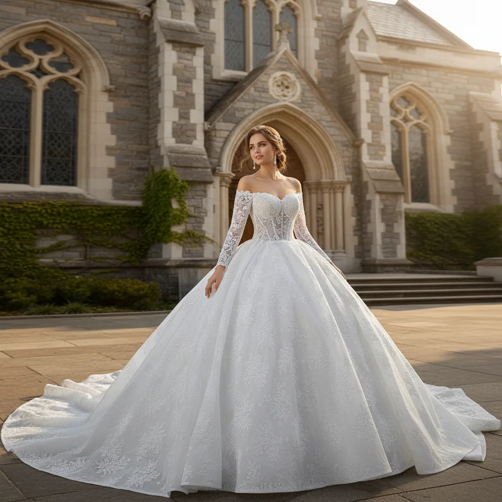 

Rosymae Off-the-Shoulder Long Sleeve Ball Gown Wedding Dress Elegant White Bridal Gown with Soft Draping And Classic Silhouette