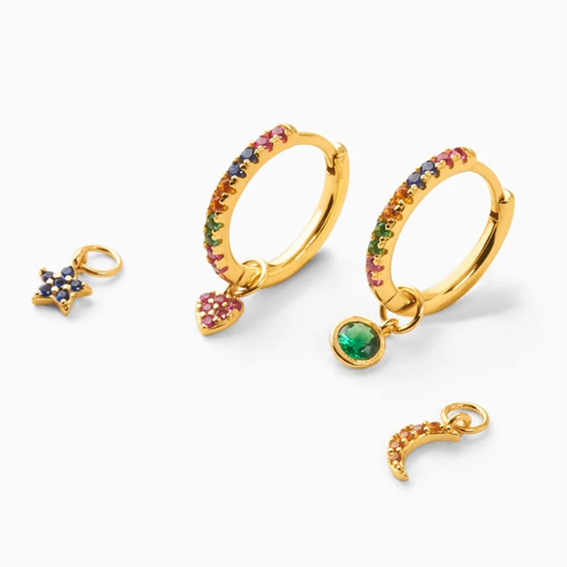 

925 Sterling Silver Needle Colorful Crystal Hoop Earrings Women's Fashion Heart/Star Pendant Earrings Gold Silver Set Jewelry